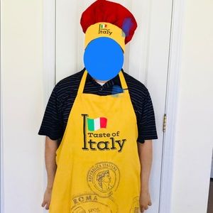Yellow and Red BBQ apron with two matching hats.